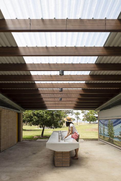 Depena Reserve Amenities - Sam Crawford Architects Restroom Architecture, Public Restroom Design, Outside Sink, Outdoor Toilet, Modern Tropical House, Brick Decor, Public Bathrooms, Restroom Design, Public Restroom