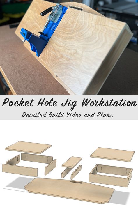 Create huge efficiencies in your workflow with this DIY Pocket Hole Jig Workstation. Increase your worksurface when drilling pocket holes into long boards; Add storage for all of the bits, screws, dust adaptors required for pocket holes. This is the perfect scrap wood project that uses less than 1/3 sheet of 1/2 inch plywood. Click on the link below to see all details of the project including a full build video, digital build plans, and all materials used to complete the project. Kreg Pocket Hole Jig Station, Organizing Garage, Organize Garage, Scrap Wood Project, Kreg Jig Projects, Kreg Pocket Hole Jig, Joinery Tools, Pocket Holes, Workshop Projects