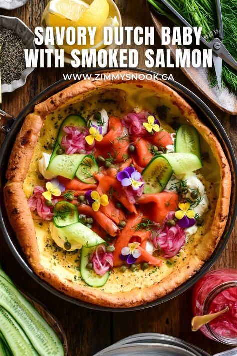 Savoury Dutch Baby with Smoked Salmon Savory Dutch Baby, Dutch Baby Recipe, Salmon Cream Cheese, Creamed Cucumbers, Crepe Batter, Everything Bagel Seasoning, Cream Cheese Topping, Baby Cooking, Red Onion Relish