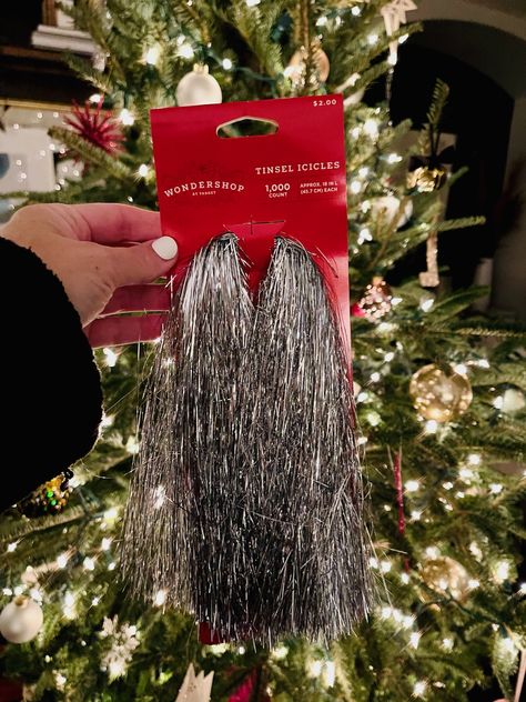 Adding Tinsel to a Christmas Tree Tinsel Ribbon Christmas Tree, Ribbon And Tinsel On Christmas Tree, Angel Hair Tinsel Christmas Tree, Modern Tinsel Christmas Tree, Icicle Tinsel Christmas Trees, Christmas Tree Silver Tinsel, Christmas Tree With Icicle Tinsel, Christmas Tree Tensile, Christmas Tree Ideas With Tinsel