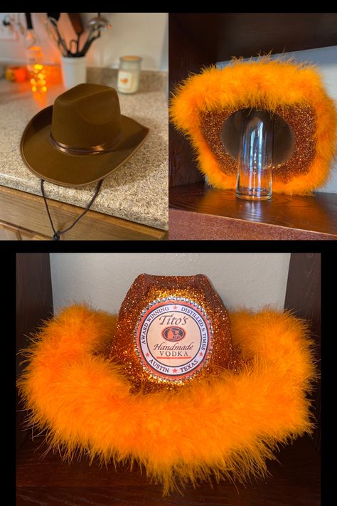 Walmart & Hobby Lobby for materials! Liquor Hats Diy, Titos Vodka Halloween Costume, Titos Alcohol Cowboy Hat, Liquor Cowgirl Hats Diy, 21st Birthday Cowboy Hat Diy, Liquor Cowboy Hats Diy, Tito’s Halloween Costume, Liquor Halloween Costumes Cowboy Hats, Alcohol Themed Cowboy Hats