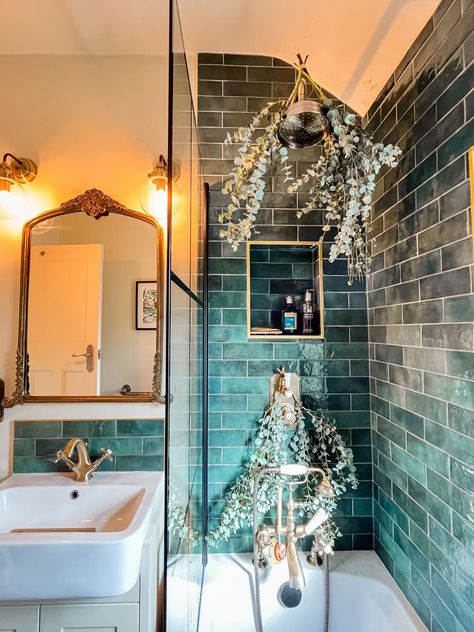 bathroom with white walls, teal tile backsplash and shower, and gold accents Teal And Gold Bathroom, Bathroom With White Walls, Bathroom Gold Accents, Bathroom Teal, Nyc Bathroom, Traditional Bedrooms, Teal Tile, Bathroom Gold, Teal Bathroom