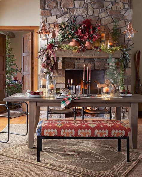 Southwest Christmas Decor, Santa Fe Style Decor, Southwest Christmas, Bohemian Dining Room, Spanish Christmas, Santa Fe Style, Poufs & Ottomans, Sundance Catalog, Festive Tables