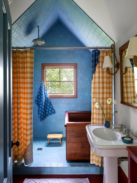 More of a Chromatic Getaway on the Massachusetts Coast | Architectural Digest Yellow Shower Curtains, French Dining Chairs, Attic Bathroom, Custom Sectional, Blue Tiles, Fabric Shower Curtains, Blue Walls, Architectural Digest, Shower Wall