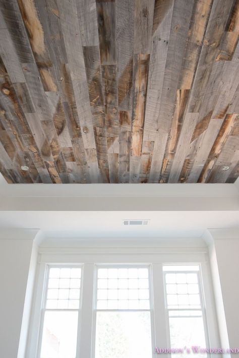 stikwood-reclaimed-weathered-wood-ceiling-bedroom-17-of-17 Kitchen Wood Ceiling, Wood Ceiling Bedroom, Barn Wood Ceiling, Loft Bedrooms, Basement Bars, Reclaimed Wood Ceiling, Savings Ideas, Peel And Stick Wood, House Addition