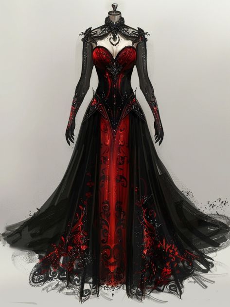 Black And Red Vampire Dress, Evil Wedding Dress, Queen Of Darkness Costume, Black And Red Dress Formal, Red Dress Vampire, Black And Red Wedding Dress, Dark Red Wedding Dress, Red And Black Dresses, Dark Gothic Wedding