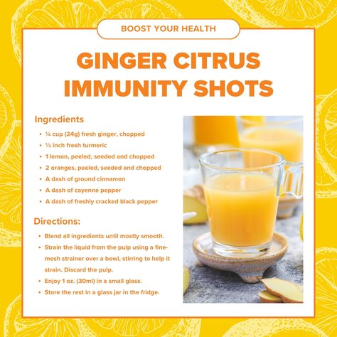 The changing seasons call for a little extra TLC regarding your health, and what better way to boost your immune system than with a zesty, homemade Ginger Citrus Immunity Shot? 🍋🍊 Packed with the goodness of citrus and the powerful kick of ginger, this little elixir is your secret weapon for staying vibrant and well! Immunity Boost Shots Recipe, Natural Immune Boosting Remedies, Immune Boosting Shots Recipe, Natural Remedies To Boost Immune System, Immune Shots Recipe, Immunity Shots Juicer, Booster Shots Immune System, Immunity Wellness Shots, Natural Ways To Boost Immune System