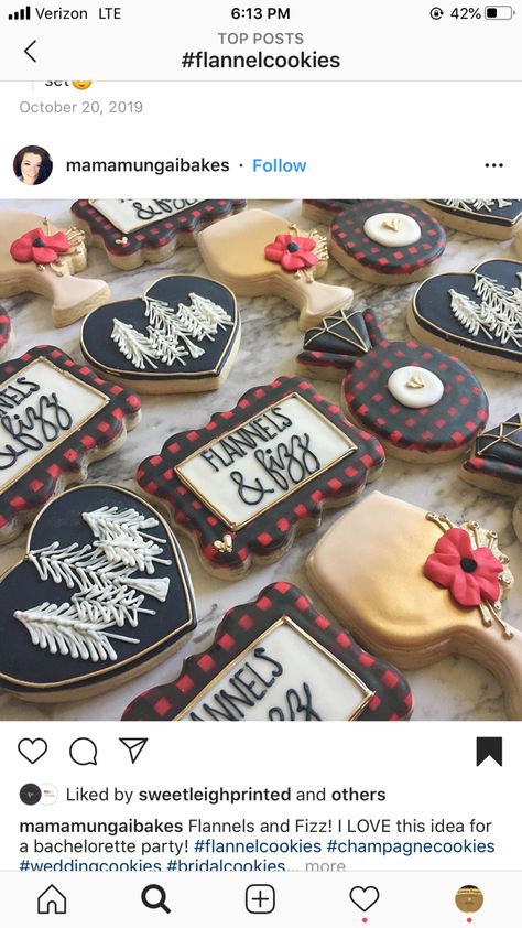 Plaid Bridal Shower Ideas, Flannel Bridal Shower Ideas, Flannel And Fizz Bachelorette Party, Flannel And Fizz Bridal Shower Ideas, Flannel Bachelorette Party, Flannel Bachelorette, Flannel And Fizz, Christmas Bachelorette Party, Bachelorette Party Cookies