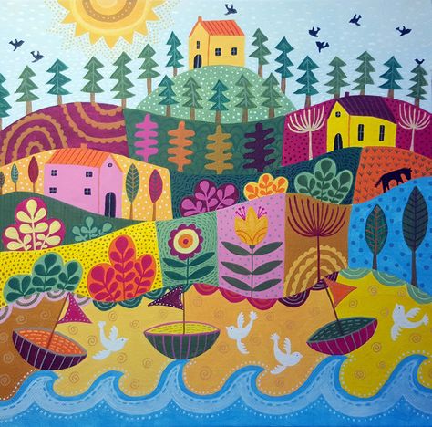 Folk Art Landscape - acrylic on canvas by Suzy Taylor Modern Folk Art Painting, Folk Art Landscape, Contemporary Folk Art, Naive Painting, Modern Folk Art, Landscape Acrylic, Folk Art Flowers, Boat Painting, Colorful Ceramics