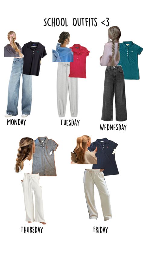 School outfits (collared shirts) w/ hairstyles Cute Collared Shirt Outfits For School, Outfits For The Week School, 5th Grade Outfits For School, Cute Outfits For School 7th Grade, Cute Outfits For School 5th Grade, Middle School Outfits 6th, Collared Shirt Outfits, Middle School Outfits, Simple Outfits For School