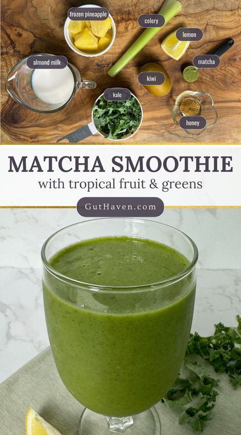 Kickstart your day and your gut health with this refreshing Matcha Smoothie, which combines the earthy flavor of matcha, the tropical sweetness of kiwi and pineapple, and the health benefits of kale and celery. It’s packed with antioxidants, vitamins, and minerals! Health Benefits Of Kale, Matcha Almond Milk, Benefits Of Kale, Kale Benefits Health, More Nutrition, Gut Health Diet, Kiwi Smoothie, Matcha Smoothie, Smoothie Recipes Healthy Breakfast