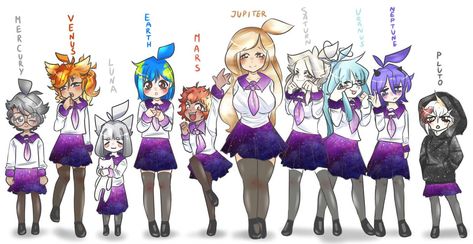 My version of the Galactic Club // Planet chan by Ovxy on DeviantArt Planet As Humans, Humanized Planets, Old Anime Characters, Planets As Humans, Planet Humans, Earth Chan, Space Anime, Planet Drawing, Anime Galaxy