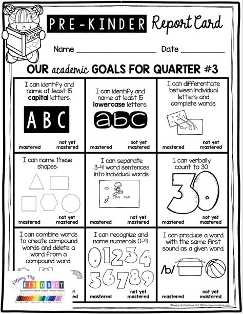 PRE-K - PRESCHOOL REPORT CARDS AND ASSESSMENT KIT - transitional kindergarten - parent conferences - parent-teacher conferences - quarterly report cards - quarterly assessments - goals and standards - social and behavioral progress - goal checklists - student self-reflection - #preschool #pre-kassessment Pre K Goals Chart, Kindergarten Parent Teacher Conferences, Parent Teacher Conferences Kindergarten, Preschool Progress Report, Kindergarten Report Cards, Parent Conferences, Kindergarten Parent, Preschool Assessment, Preschool Prep