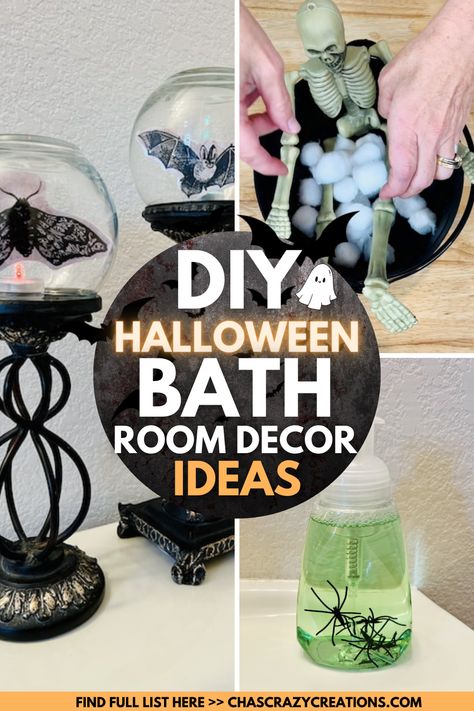 Are you looking for DIY Halloween bathroom decor? I create a few fun things with some supplies from Dollar Tree. Halloween Decor Bathroom Ideas, Small Bathroom Halloween Decor, Bathroom Halloween Decor Ideas, Halloween Half Bathroom Decor, Skeleton In Bathtub With Bubbles Diy, Halloween Bathroom Decor Ideas, Halloween Decor For Bathroom, Bathroom Halloween, Diy Halloween Bathroom Decor