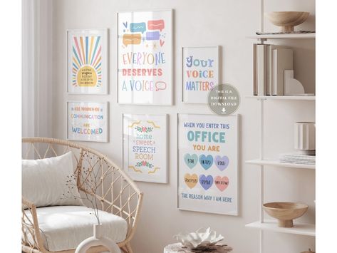 Speech Pathology Room Decor, Speech Therapist Office, Speech Therapy Office, Slp Office, Speech Therapy Posters, Speech Therapy Room, Teacher Wall Art, Speech Therapy Materials, Art Therapist