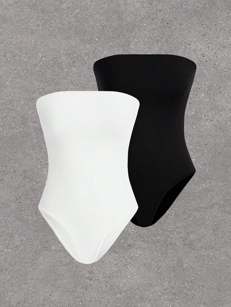 SHEIN EZwear 2pcs/Set Solid Color Strapless Shapewear Bodysuit Seamless Thong Body Shaper For Women Tummy Control Slim Body SuitsI discovered amazing products on SHEIN.com, come check them out! Strapless Shapewear, Fitted Romper, Strapless Bodysuit, White Bandeau, Ribbed Knit Bodysuit, Women Crew Socks, Shapewear Bodysuit, Strapless Jumpsuit, Knit Bodysuit