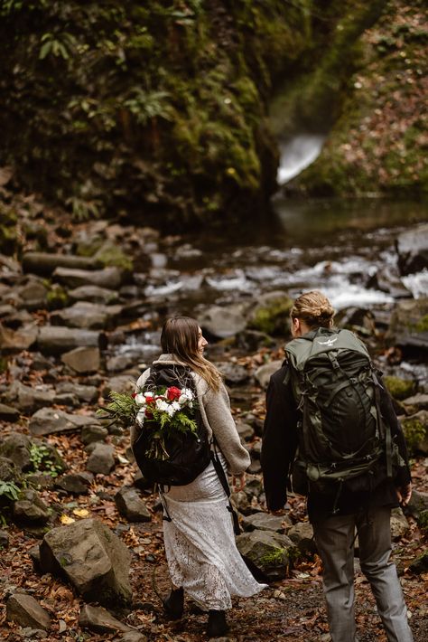 Oregon Waterfall Elopement, Adventure Elopement Ideas, Elopement Timeline, Nc Elopement, Hiking Wedding, Waterfall Elopement, Prenup Ideas, Elopement Weddings, Hiking Elopement