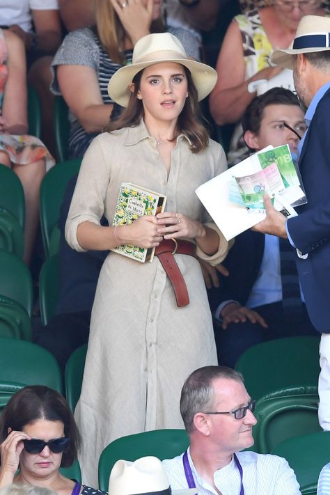 Wimbledon 2018: All the celebrity style- HarpersBAZAARUK Emma Watson Dress, Casual Dress Attire, Tennis Open, Emma Watson Style, Queen Rania Of Jordan, Rania Of Jordan, Queen Rania, Boat Neck Dress, Dress Attire