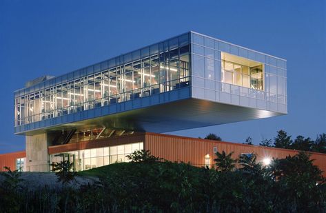 Cantilever: an unsupported overhang acting as a lever, like a flagpole sticking out of the side of a wall (image details: Lamar Corporate Headquarters; photo credit: unknown). Cantilever Architecture, Architecture Materials, Metal Buildings With Living Quarters, Metal Shop Building, Metal Building Kits, Steel Barns, Shop Buildings, Structure Architecture, Metal Building Homes