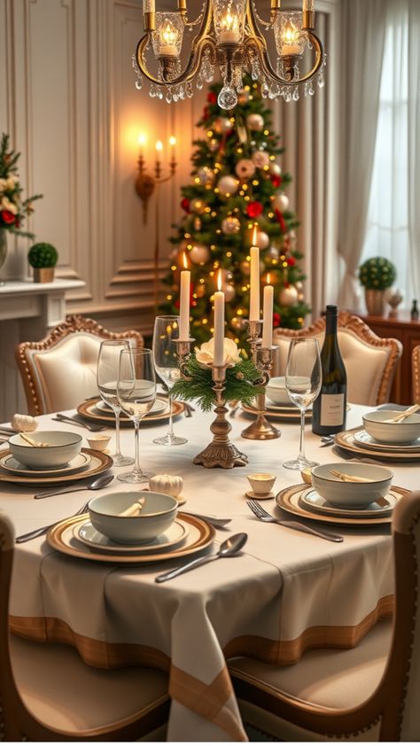 Elegant dining table set for a festive dinner with a Christmas tree and chandelier in the background. New Years Eve Dining Table Decor, New Year’s Eve Table Setting, New Years Table Setting, New Year’s Eve Table Decor Party, New Year Table Setting Ideas, New Years Eve Aesthetic, New Years Eve Table Setting, Game Suggestions, Ideas For New Year