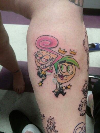 My Cosmo and Wanda tattoo(part of my Nickelodeon leg piece)#Nickelodeon #Cosmo #Wanda #FairlyOddParents #tattoo Cosmo Wanda Tattoo, Nickelodeon Tattoo Ideas, 2000s Cartoon Tattoos, 90s Cartoon Characters Tattoo, Cartoon Tattoos 90s, Ren And Stimpy Tattoo, Cosmo And Wanda Tattoo, 90s Cartoon Tattoos Sleeve, Nickelodeon Tattoos