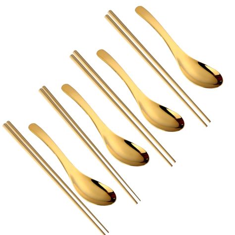 PRICES MAY VARY. Material: These gold soup spoons chopsticks set use premium quality stainless steel. They are durable, break resistant and easy to clean, Dishwasher Safe. Package: 4x spoons, 4x chopsticks. Size: spoon- 6.3*1.7in/ 16.1*4.4cm, chopsticks- 9.1*0.2in/ 23*0.6cm. Function: This set of 8-piece soup spoon chopsticks are very suitable for japanese and chinese food: sushi, miso, rice, pho soup, noodle soup, wonton, hot pot, and much more... Smooth Surface: Our spoons and chopsticks are m Asian Christmas, Rainbow Kitchen, Pho Soup, Gold Spoon, Chopstick Holder, Soup Spoon, Ramen Bowl, 4 People, Presents For Friends