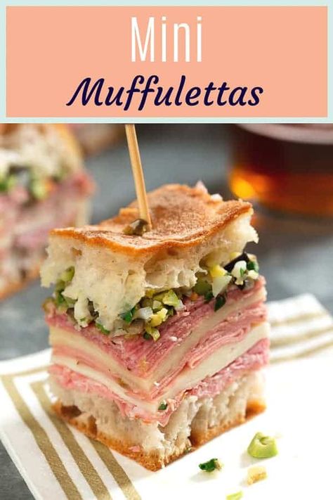 Mini Panini Appetizers, Mini Party Sandwiches, Cajun Appetizers, Mardi Gras Party Food, Muffaletta Sandwich, Hosting Party, Mardi Grad, Wine Ideas, New Orleans Recipes