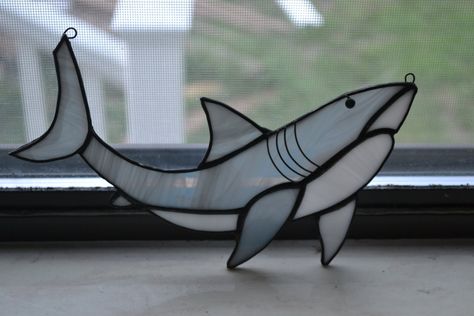 Stained Glass Shark Pattern, Shark Stained Glass Patterns, Stained Glass Shark, Shark Research, Shark Stuff, Glass Shark, Shark Art, Stained Glass Ornaments, Stained Glass Suncatchers