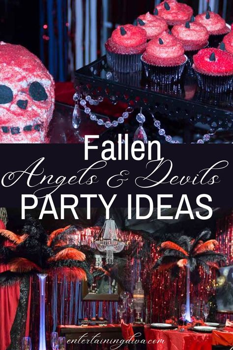 Angels And Devils Party Theme, Angels And Devils Party, Vampire Party Ideas, Devil Party, Angels And Devils, Party Ideas Halloween, Nye 2023, Black Party Decorations, Halloween Haunted House Decorations