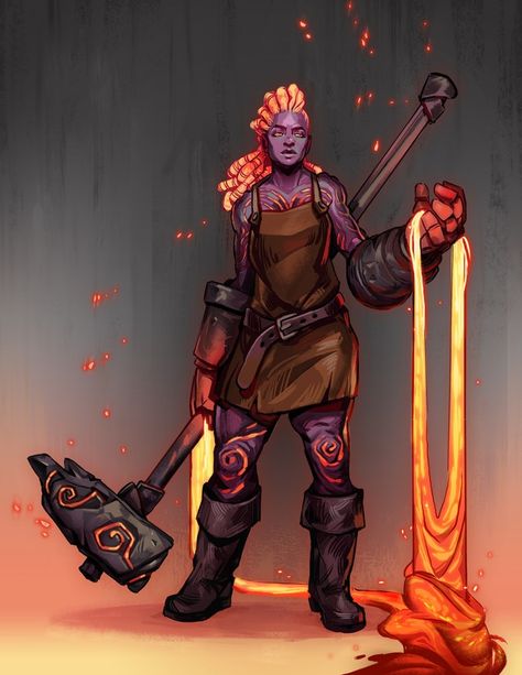 Female Human Maul Two-handed Wielder Barbarian Cleric Fighter Gauntlets of Giant Strength - Pathfinder PFRPG DND D&D d20 fantasy Giant Gauntlets, Forge Cleric Dnd, Fire Barbarian, Fire Genasi Blacksmith, Forge Domain Cleric, Fire Giant Female, Goddess Of Fire, Fire Giant, Forge Cleric