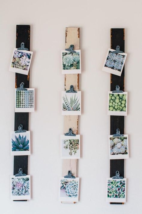 A cheap and clever way to display small photos. #DIY: Polaroid Display, Koti Diy, Diy Projektit, Picture Hanging, Design Sponge, Home Design Decor, Hanging Pictures, Diy Photo, Idea Diy