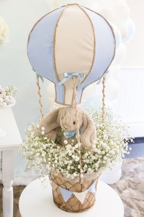 Hot air balloon centerpiece from a Bunny Hot Air Balloon Birthday Party on Kara's Party Ideas | KarasPartyIdeas.com (34) Air Balloon Centerpiece, Hot Air Balloon Centerpieces Diy, Teddy Bear Hot Air Balloon Centerpiece, Bunny Themed Baby Shower Ideas, Teddy Bear Hot Air Balloon Theme, Hot Air Balloon Baby Shower Centerpiece, Hot Air Balloon Party Decorations 1st Birthdays, Hot Air Balloon Centerpiece Birthday, Paper Lantern Hot Air Balloon Centerpiece