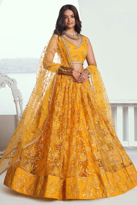 Golden Yellow Embroidered Net Lehenga Choli for Wedding Haldi Wear, Net Lehenga Choli, Lehenga Choli Designs, Ghaghra Choli, Lehenga Choli For Women, Bridesmaid Lehenga, Choli For Women, Butterfly Net, Yellow Lehenga