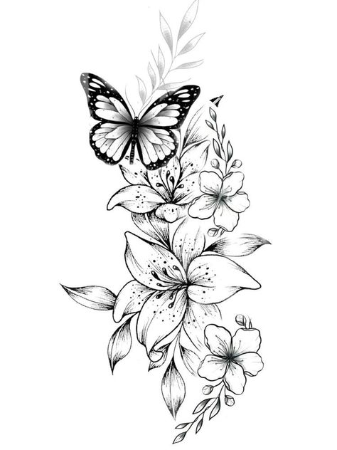 Arm Peice Tattoo Sleeve Women, Lillies And Butterflies Tattoo Design, Floral Tattoo Design Forearm Women, Butterfly And Flower Tattoo Designs Half Sleeves, Butterfly And Flower Tattoo Thigh, Tattoos For Women Thigh Unique, Lily And Butterfly Tattoo For Women, Butterfly Flower Arm Tattoo, Medium Leg Tattoos Women