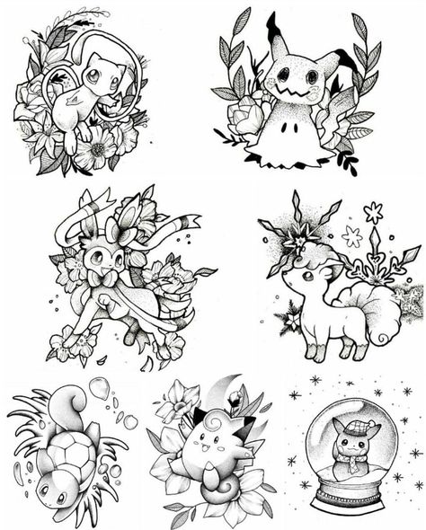 The mew one is cute Flash Art Tattoos, Pokemon Tattoos, Pokemon Tattoo, Cat Tattoos, Tiny Tattoo, Pokemon Coloring, Cartoon Tattoos, Tattoo Flash Art, Pokemon Drawings