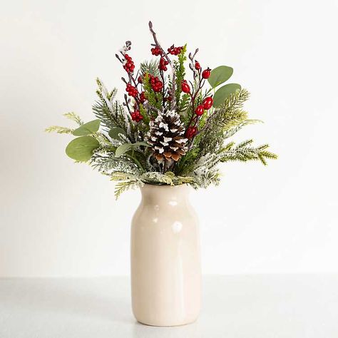 Frosty Berry Pine Arrangement in Ivory Vase from Kirkland's Small Christmas Floral Arrangements, Flower Arrangements Christmas, Winter Table Decor, Small Flower Arrangements, Christmas Flower Arrangements, Christmas Floral Arrangements, Pine Branches, Winter Table, Christmas Themes Decorations