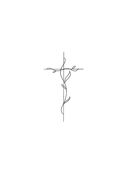 Cross With Vines Drawing, Cross With Leaves Tattoo, Simple Cross Design, Christian Feminine Tattoos, Biblical Fine Line Tattoo, Cross Line Tattoo, Fine Line Jesus Tattoo, Dainty Religious Tattoos, Cross Fine Line Tattoo