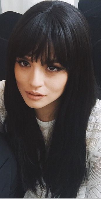 Jet Black Hair With Bangs, Black Hair With Fringe, Black Hair Fringe, Holiday Party Hairstyles, Dark Brown Long Hair, Georgina Wilson, Black Cherry Hair Color, Black Hair Bangs, Hairstyles Christmas