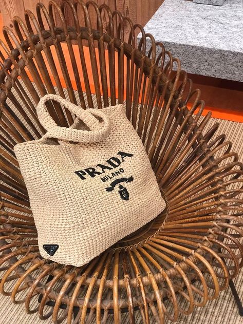 Bali Trip, Raffia Tote Bag, Prada Tote Bag, Designer Pieces, Lettering Logo, Homewares Shop, Summer Essential, Pretty Bags, Triangle Logo