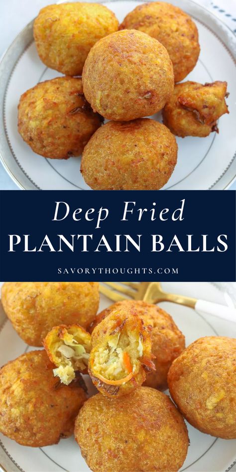 Slightly sweet and savory, These plantain balls make the perfect appetizer or snack! Learn how to make the best plantain balls recipe with just a few ingredients. #balls #plantainballs #deepfriedballs #savorythoughts @Msavorythoughts | savorythoughts.com Jamaican Party Food, Plantain Recipes Baked, Recipes With Plantains, Hispanic Snacks, Jamaican Appetizers, Plantain Balls, Barbados Recipes, Bajan Food, Fried Plantain