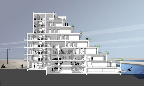 Image 15 of 19 from gallery of Apartment Building Emmy Andriesse / Attika Architekten. Section Gallery Apartment, Terrace Building, Future Buildings, Apartment Terrace, Architectural Section, Apartment Architecture, Green Architecture, Residential Complex, High Rise Building