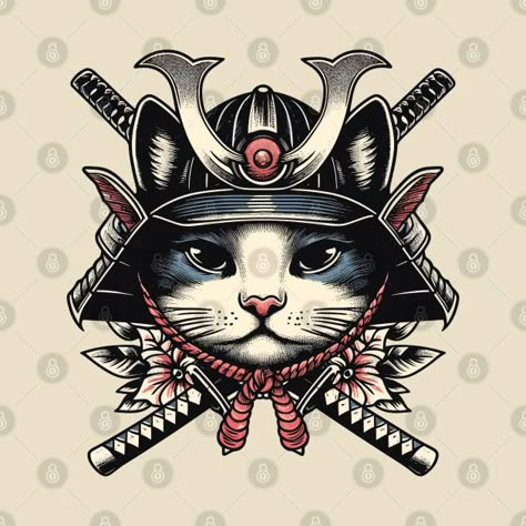 Ninja Cat Tattoo, Japanese Cat Tattoo, Samurai Cat Tattoo, Samurai Dog, Cat Samurai, Samurai Clothing, Harry Tattoos, Rose Tattoos For Men, Tattoo Wedding Rings