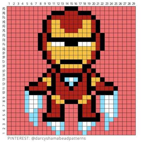 Ironman Cross Stitch, Ironman Perler Beads, Iron Man Perler Bead Pattern, Perler Beads Avengers, Marvel Perler Bead Patterns Avengers, Marvel Avengers Pixel Art, Pixel Art Grid Marvel, Avengers Perler Bead Patterns, Super Hero Pixel Art