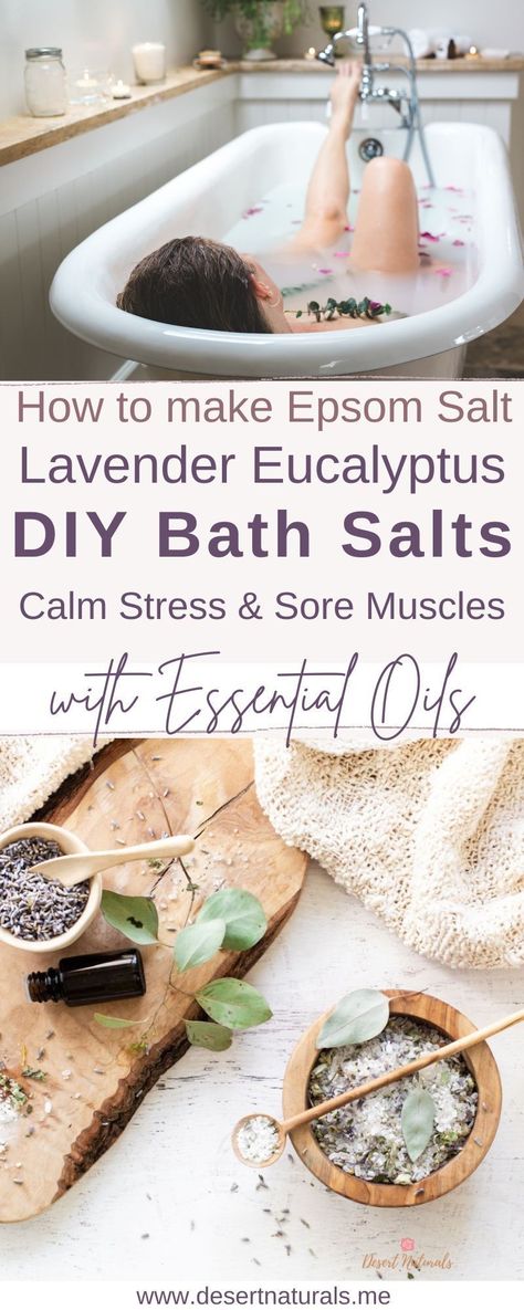 woman taking a self care bath and a wood plank with bowls of lavender and eucalyptus bath salts with a bottle of essentia oil Eucalyptus Bath Salts, Diy Bath Pillow, Bath Salts Diy Recipes, Homemade Bath Salts Recipe, Eucalyptus Diy, Diy Bath Salts, Sleep Pillows, Diy Bath Salt, Room Spray Recipe