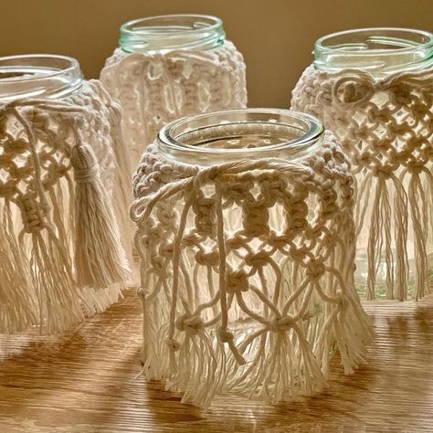 Lantern Jar, Macrame Lantern, Lantern Handmade, Recycled Jars, Boho Wedding Decor, Small Macrame, Boho Wedding Decorations, Small Candles, Glass Lantern