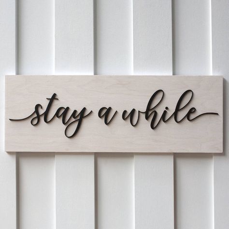 Sign Wood Sign Stay a While Sign Rustic Sign Wood Sign Sayings White... ($28) ❤ liked on Polyvore featuring home, home decor, wall art, home & living, home dÃ©cor, silver, wall dÃ©cor, wall hangings, rustic signs and rustic wooden signs Wood Sign Sayings, Rustic Wooden Signs, Baby Sleeping Sign, White Wash Wood, Laser Signs, Sign Sayings, Rustic Wood Crafts, Family Plaque, Wood Signs Sayings