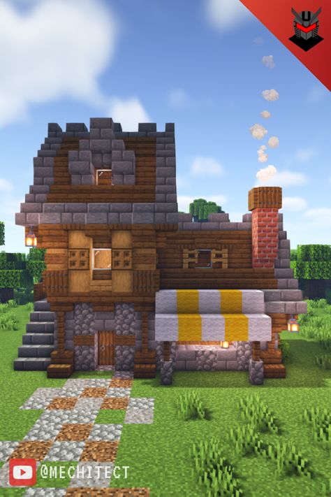 Minecraft Armourer's Workshop, Butchers Minecraft, Minecraft Medieval Village Ideas Layout, Medieval Butcher Shop Minecraft, Butchers Shop Minecraft, Butcher House, Minecraft Medieval Farmer House, Minecraft Building Ideas Medieval House, Minecraft Medieval Fishing Hut