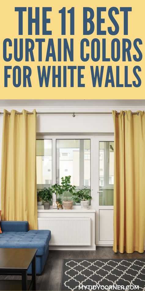 Looking for the best curtain colors for white walls? Here are the best color curtains for white walls. Find out what color of curtains go with white walls. You will love these white wall curtain ideas. White Wall Beige Curtain, Curtains For White Living Room Walls, Curtains For A White Living Room, White Wall Curtains Living Room, White Curtains On White Walls, White Walls Colored Curtains, What Color Curtains Go With White Walls, White Walls Living Room Curtains, White Walls And Curtains