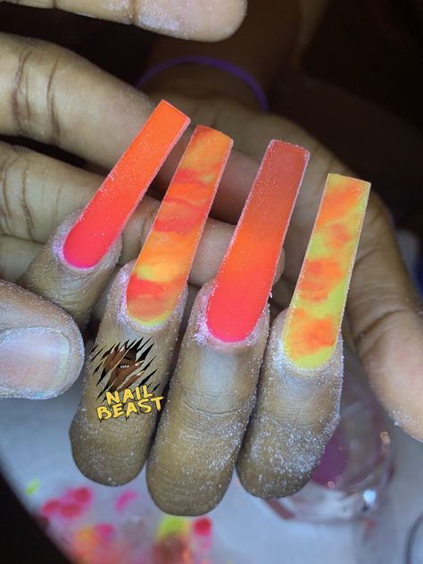 Orange And Yellow Acrylic Nails, Purple And Orange Nails Acrylic, Nails Acrylic Orange Neon, Long Neon Orange Acrylic Nails, Long Neon Yellow Acrylic Nails, Acrylic Nail Shapes, Ombre Acrylic Nails, Long Acrylic Nail Designs, Glow Nails