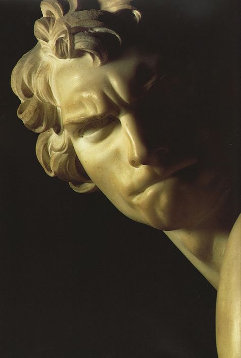 Gianlorenzo Bernini, "David" (detail, 1623-4), marble Sculpture, 170 cm (67 in), Galleria Borghese, Rome, Italy. Bernini David, Bernini Sculpture, Galleria Borghese, Gian Lorenzo Bernini, Lorenzo Bernini, Italian Sculptors, Classic Sculpture, Marble Sculpture, Caravaggio